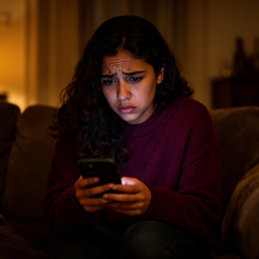Mujer preocupada mirando su teléfono